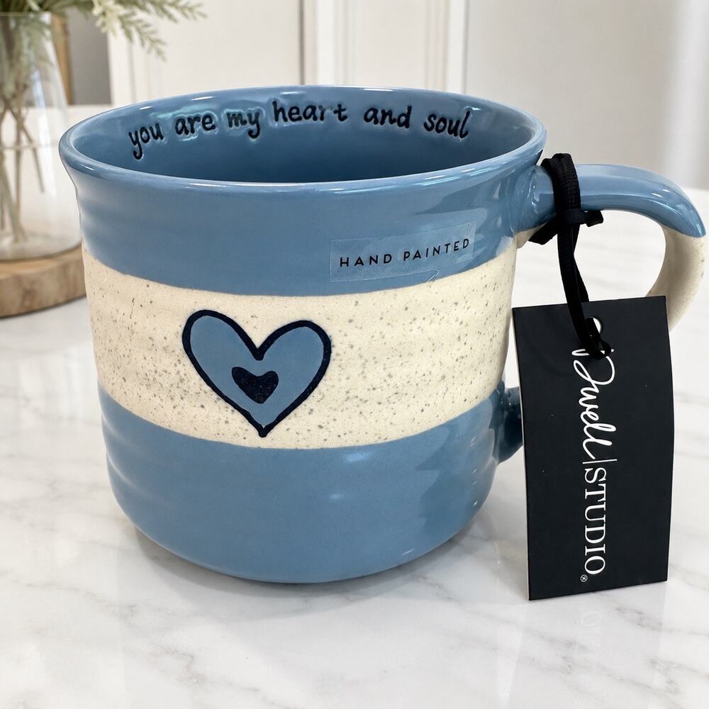 Dwell Studio Hand Painted Blue Heart Ceramic Mug Over 20 oz NWT "Heart & Soul"
